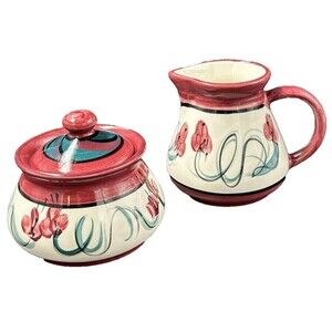 Gail Pittman Red Grapevine Creamer Sugar Bowl Set 1992 Signed Collectible